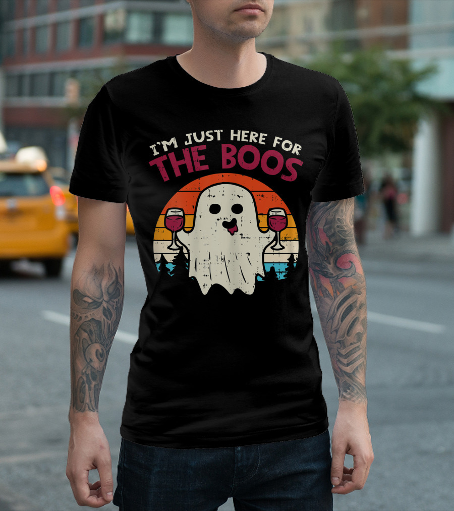 I'm Just Here For The Boos Ghost Wine Halloween Sunset Forest T-Shirt