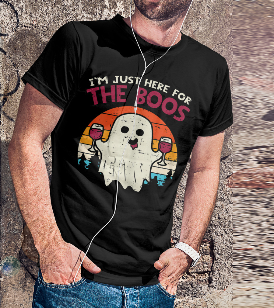 I'm Just Here For The Boos Ghost Wine Halloween Sunset Forest T-Shirt