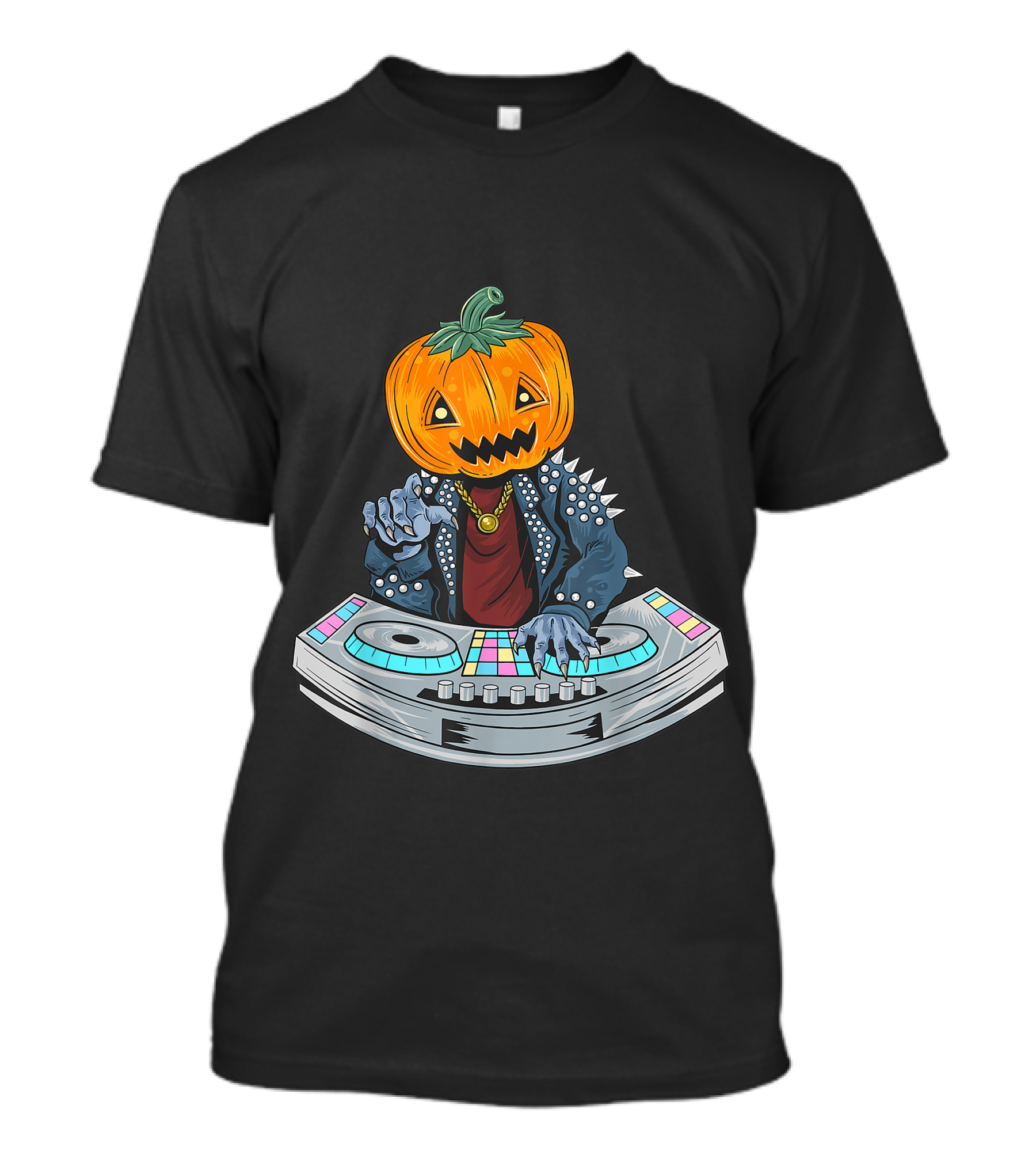 Pumpkin Head Zombie Halloween DJ With Spiked Jacket At Turntables T-Shirt