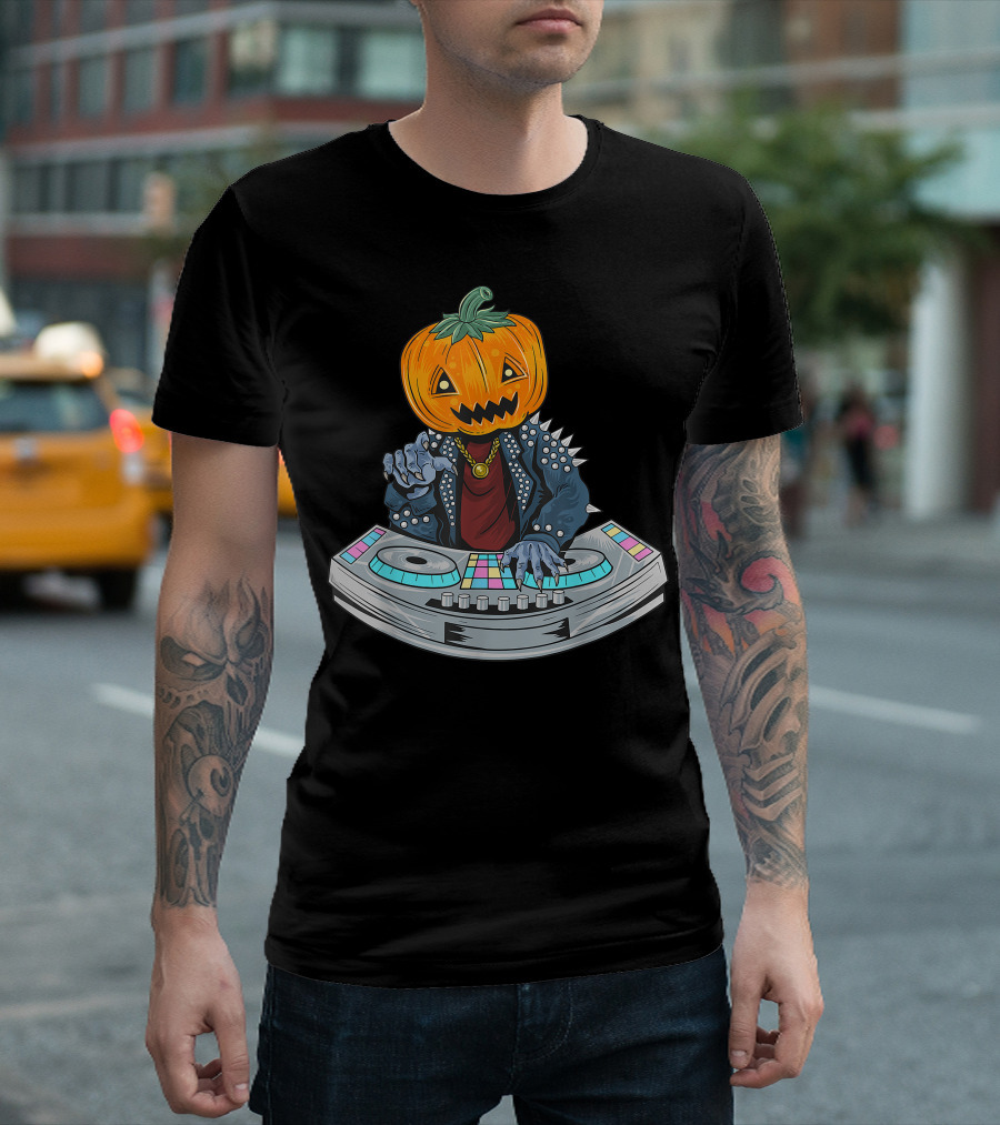 Pumpkin Head Zombie Halloween DJ With Spiked Jacket At Turntables T-Shirt