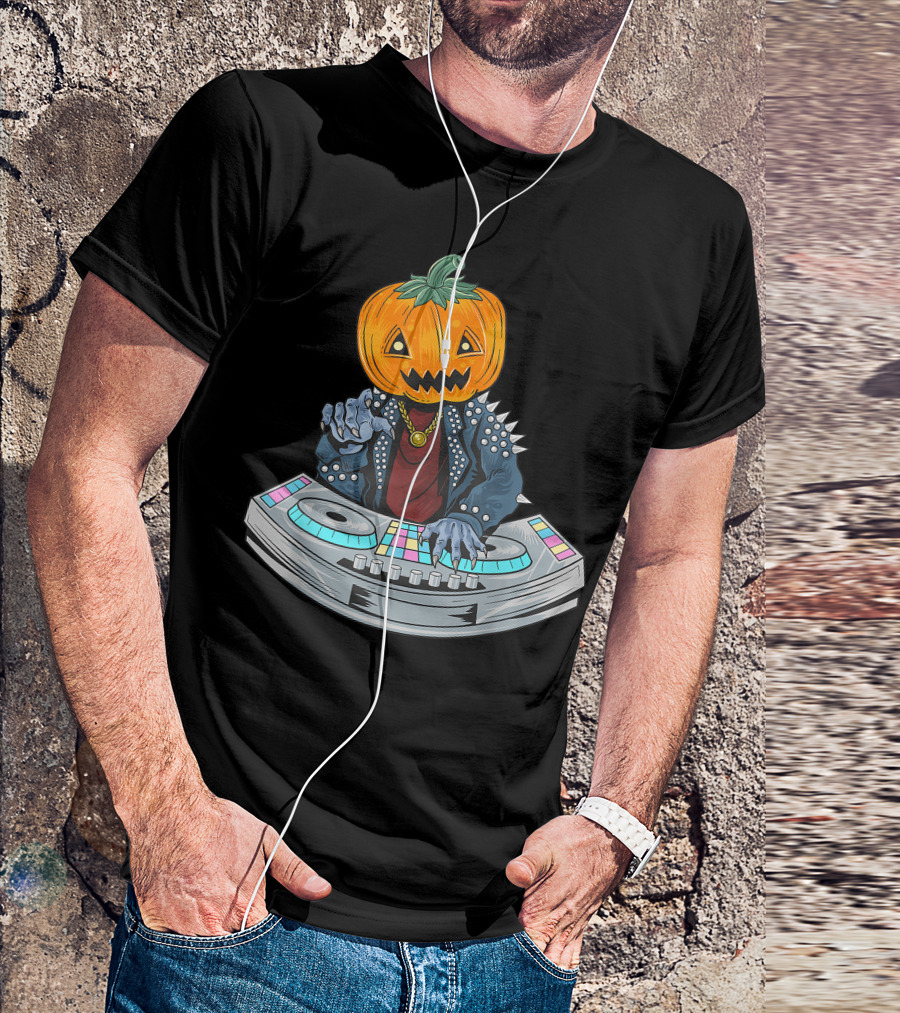 Pumpkin Head Zombie Halloween DJ With Spiked Jacket At Turntables T-Shirt