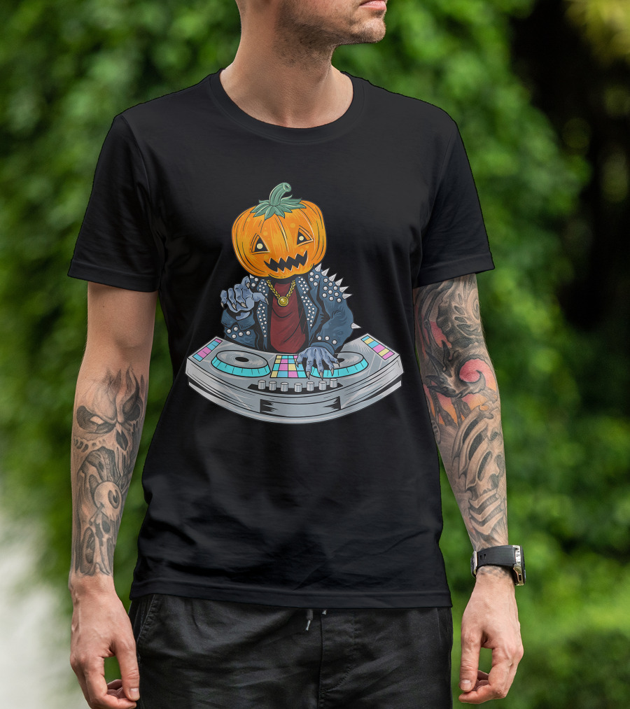 Pumpkin Head Zombie Halloween DJ With Spiked Jacket At Turntables T-Shirt