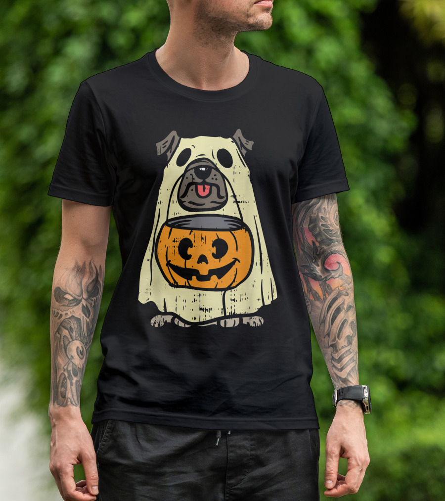 Pug Ghost Pumpkin Funny Halloween Costume Dog Owner Lover Ghostly Pug Jack-O-Lantern T-Shirt