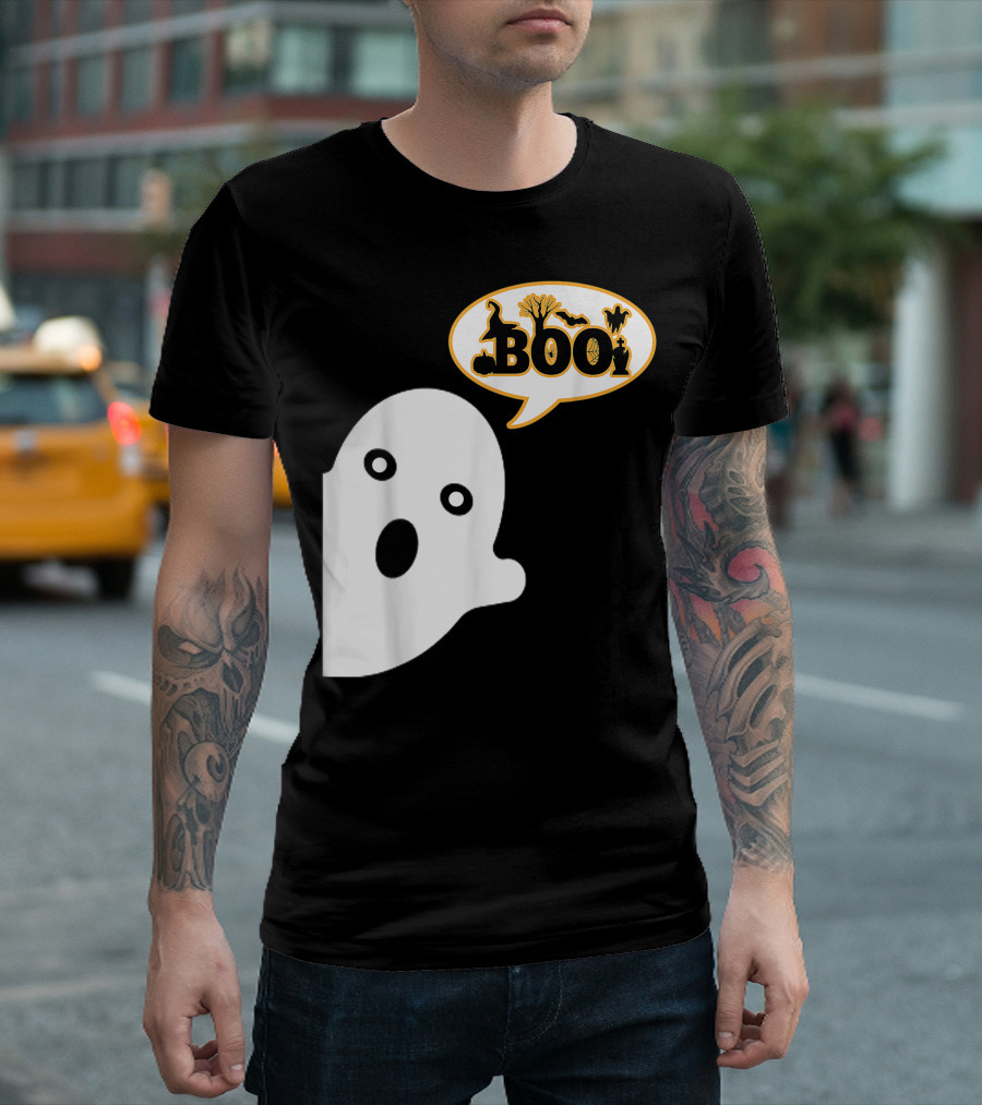 Boo Halloween Ghost Witch Hat Spiders Pumpkins Bats T-Shirt