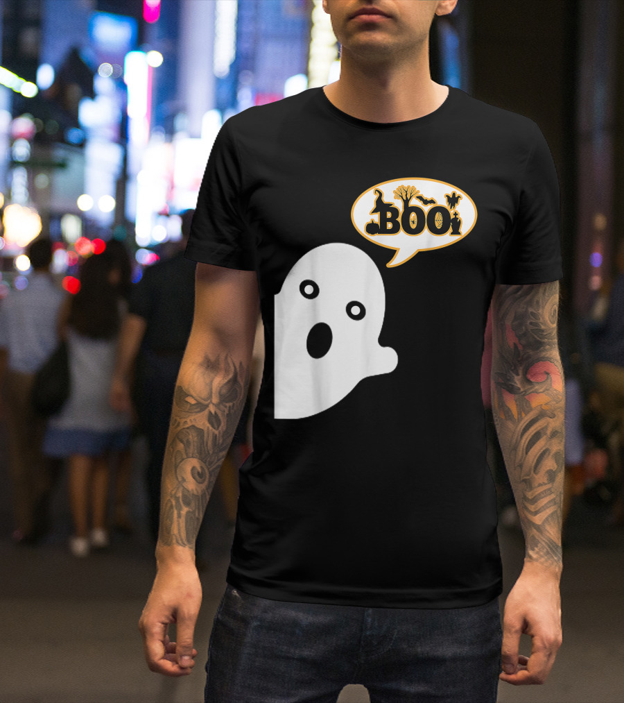 Boo Halloween Ghost Witch Hat Spiders Pumpkins Bats T-Shirt