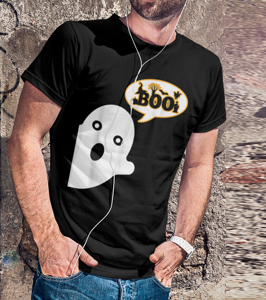 Boo Halloween Ghost Witch Hat Spiders Pumpkins Bats T-Shirt