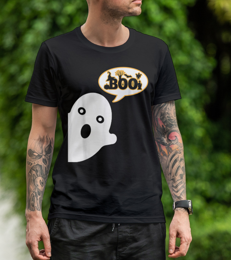 Boo Halloween Ghost Witch Hat Spiders Pumpkins Bats T-Shirt