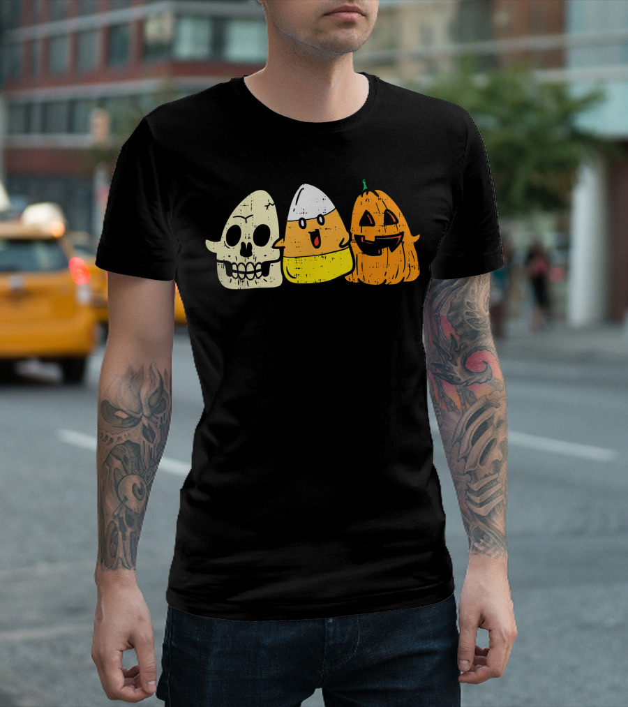Skeleton Skull Candy Corn Pumpkin Fun Halloween T-Shirt