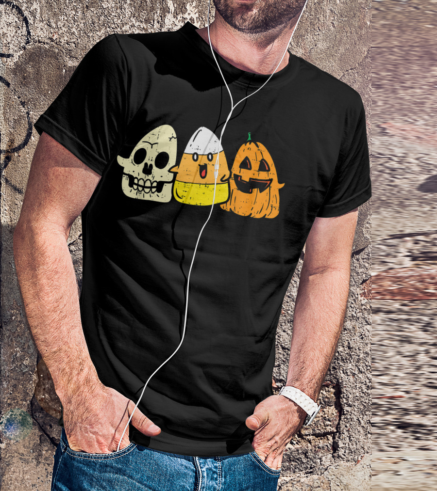 Skeleton Skull Candy Corn Pumpkin Fun Halloween T-Shirt