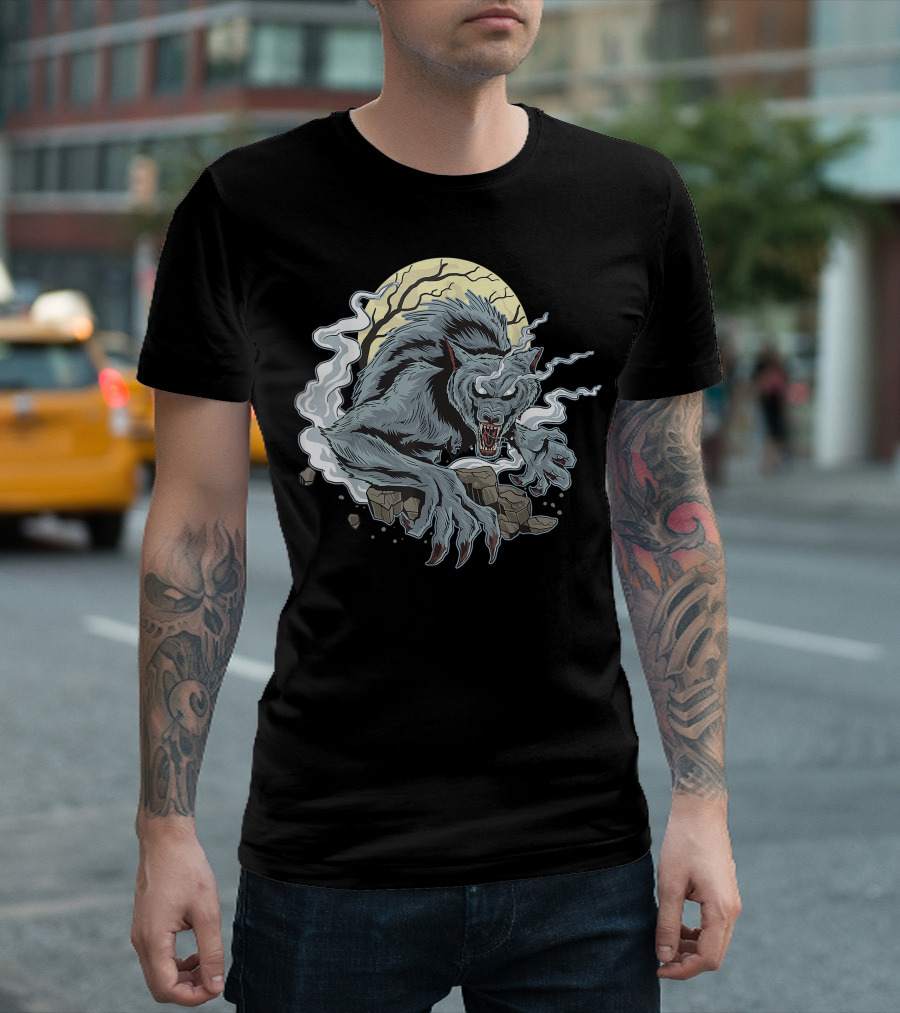 Werewolf Howling Against A Full Moon Scary Halloween Night Creature T-Shirt