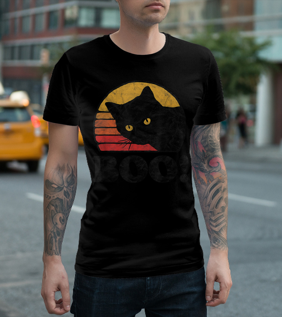 Boo Vintage Eighties Distressed Cat Halloween T-Shirt