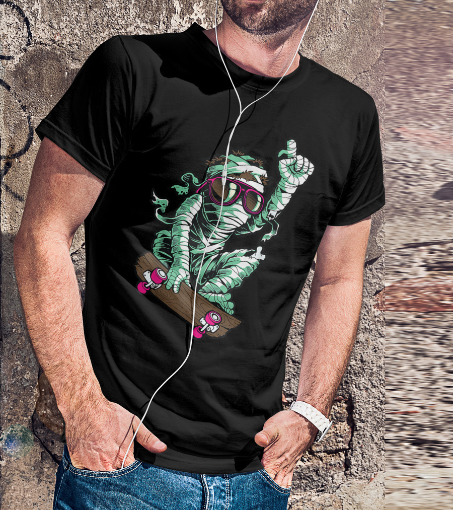 Mummy Skater Wearing Sunglasses For Halloween Lover Fun T-Shirt