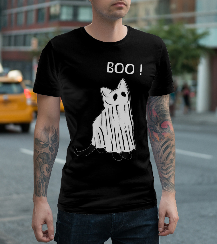 Vintage Scary Black Cat Boo Spooky Costume Ghost Halloween T-Shirt
