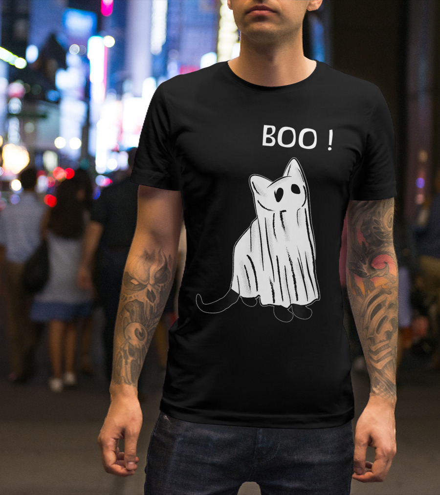 Vintage Scary Black Cat Boo Spooky Costume Ghost Halloween T-Shirt