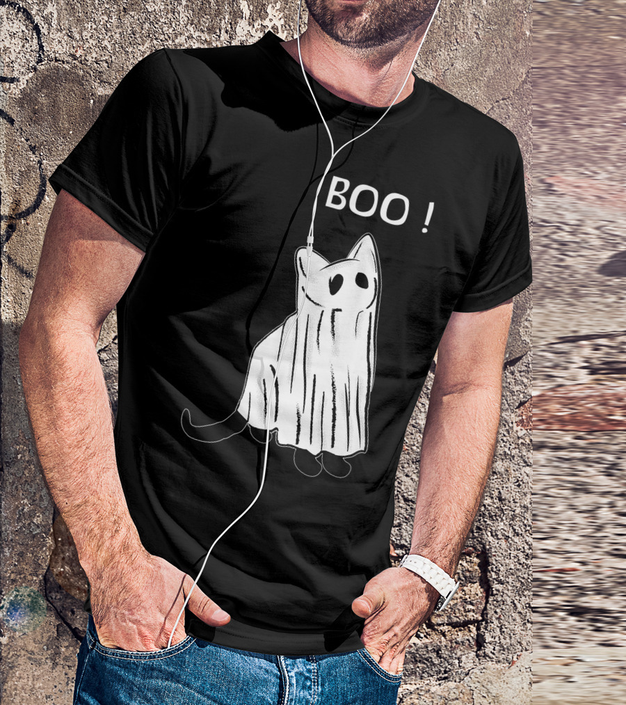 Vintage Scary Black Cat Boo Spooky Costume Ghost Halloween T-Shirt