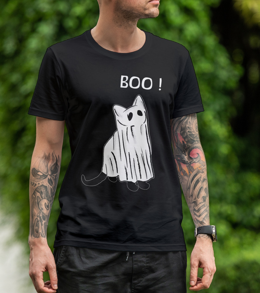 Vintage Scary Black Cat Boo Spooky Costume Ghost Halloween T-Shirt