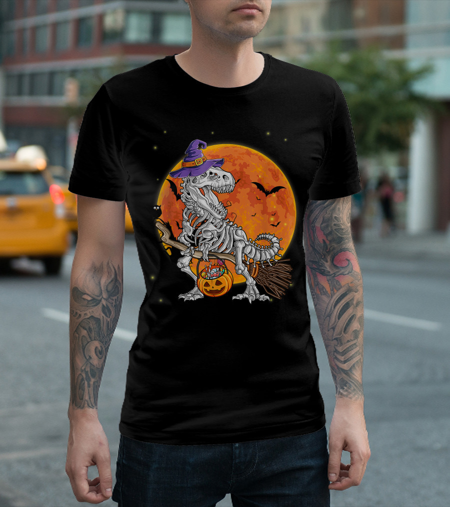 Dinosaur Witch Skeleton Halloween Costume Riding Broomstick with Pumpkin and Full Moon T-Shirt