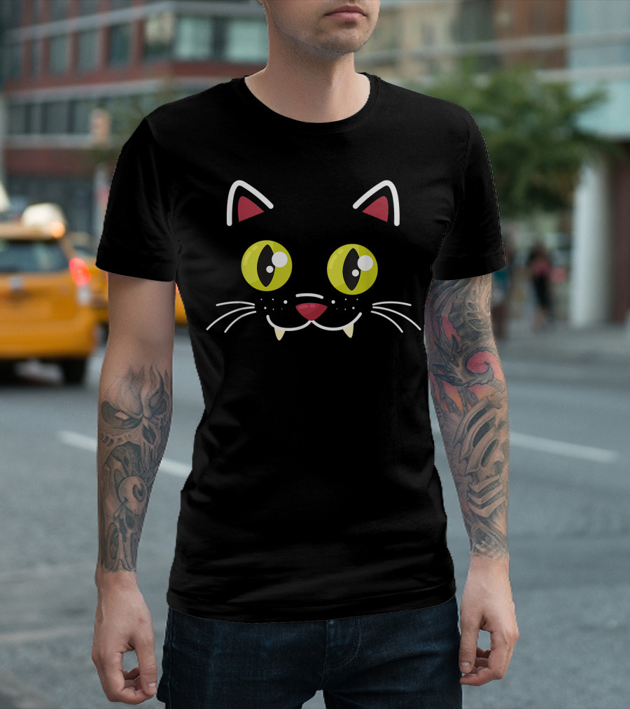 Funny Halloween Cat Face with Fangs and Whiskers T-Shirt