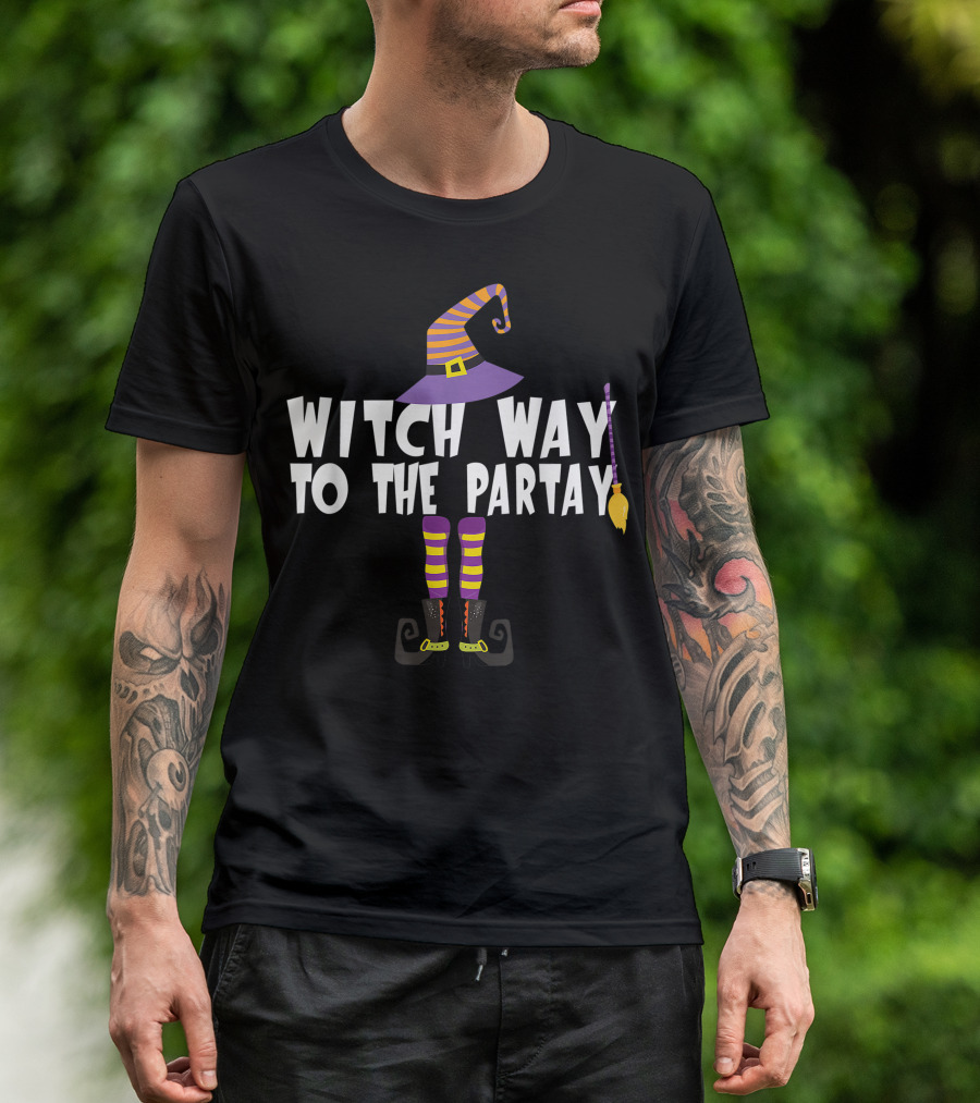 Witch Way To The Partay Funny Witch Hat Broom Legs T-Shirt