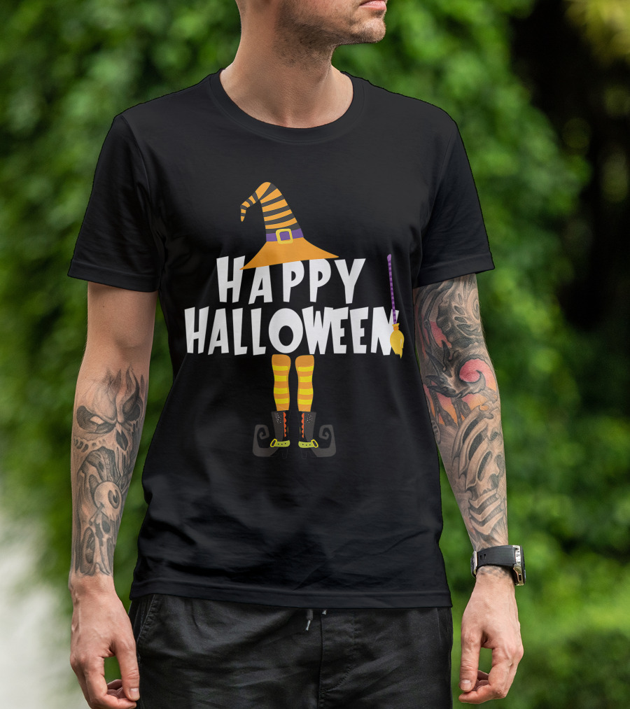 Happy Halloween Witch Hat Broom Funny Legs T-Shirt