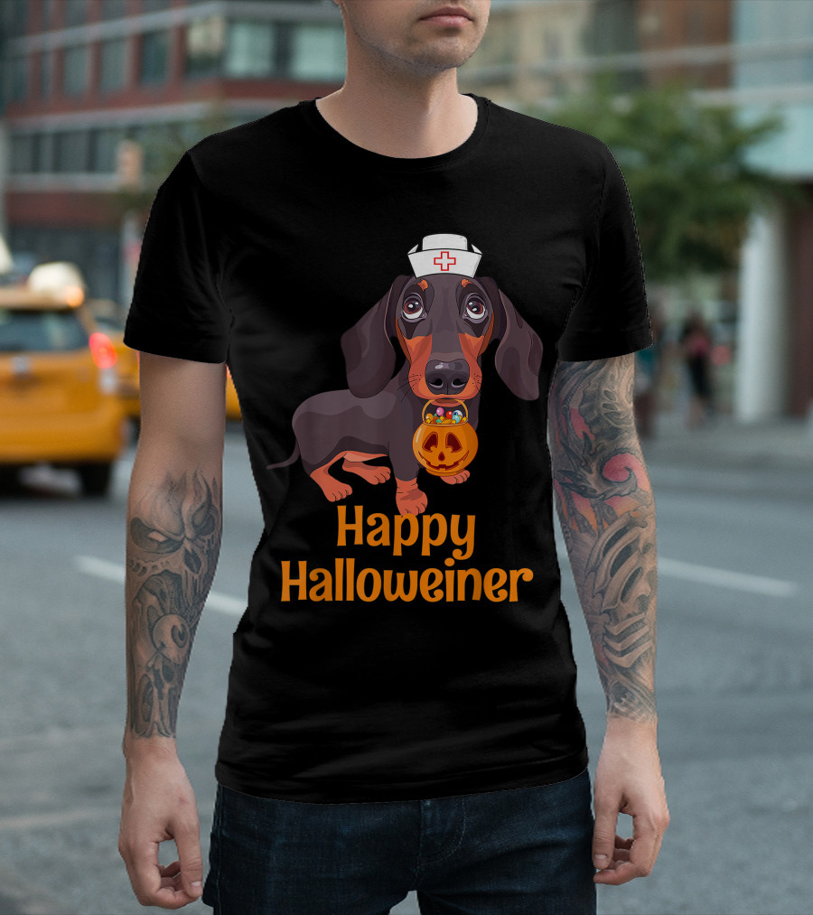 Halloween Nurse Dachshund with Pumpkin Treat Costume Women Happy Halloweiner T-Shirt