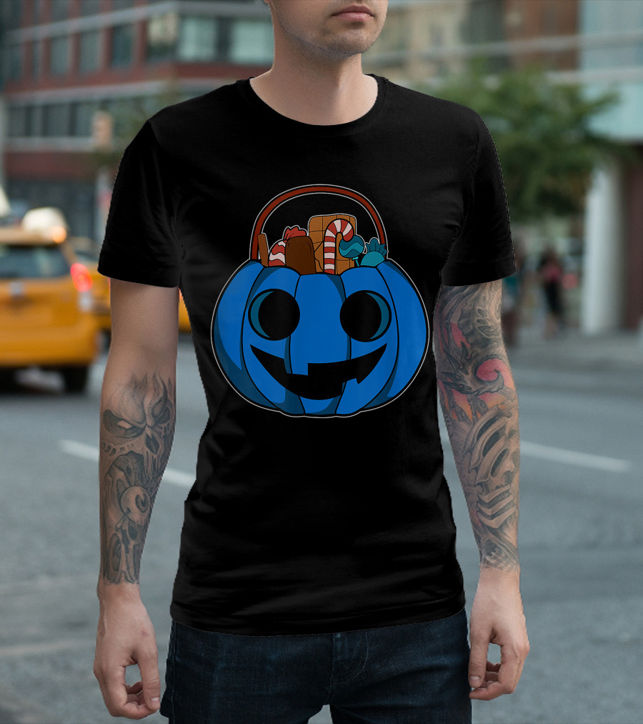 Blue Pumpkin Halloween Candy Bucket Autism Awareness T-Shirt