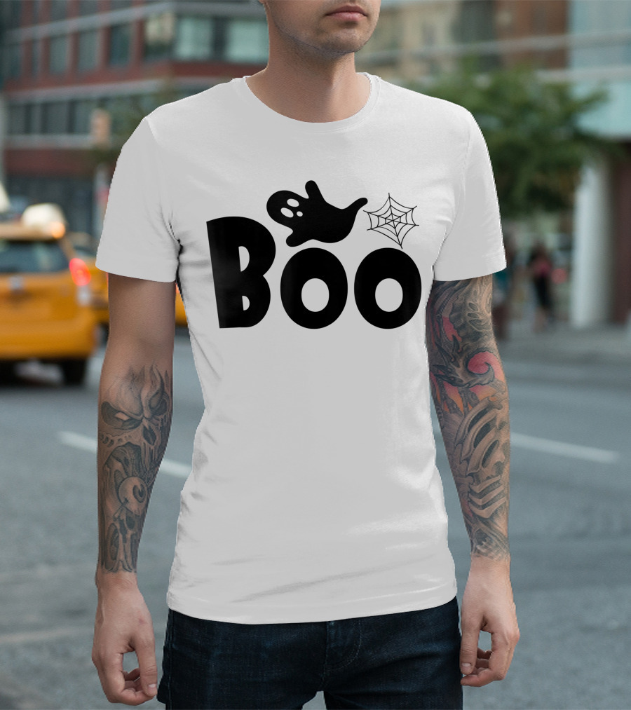 Boo Halloween Funny Gift Ghost With Spider Web T-Shirt