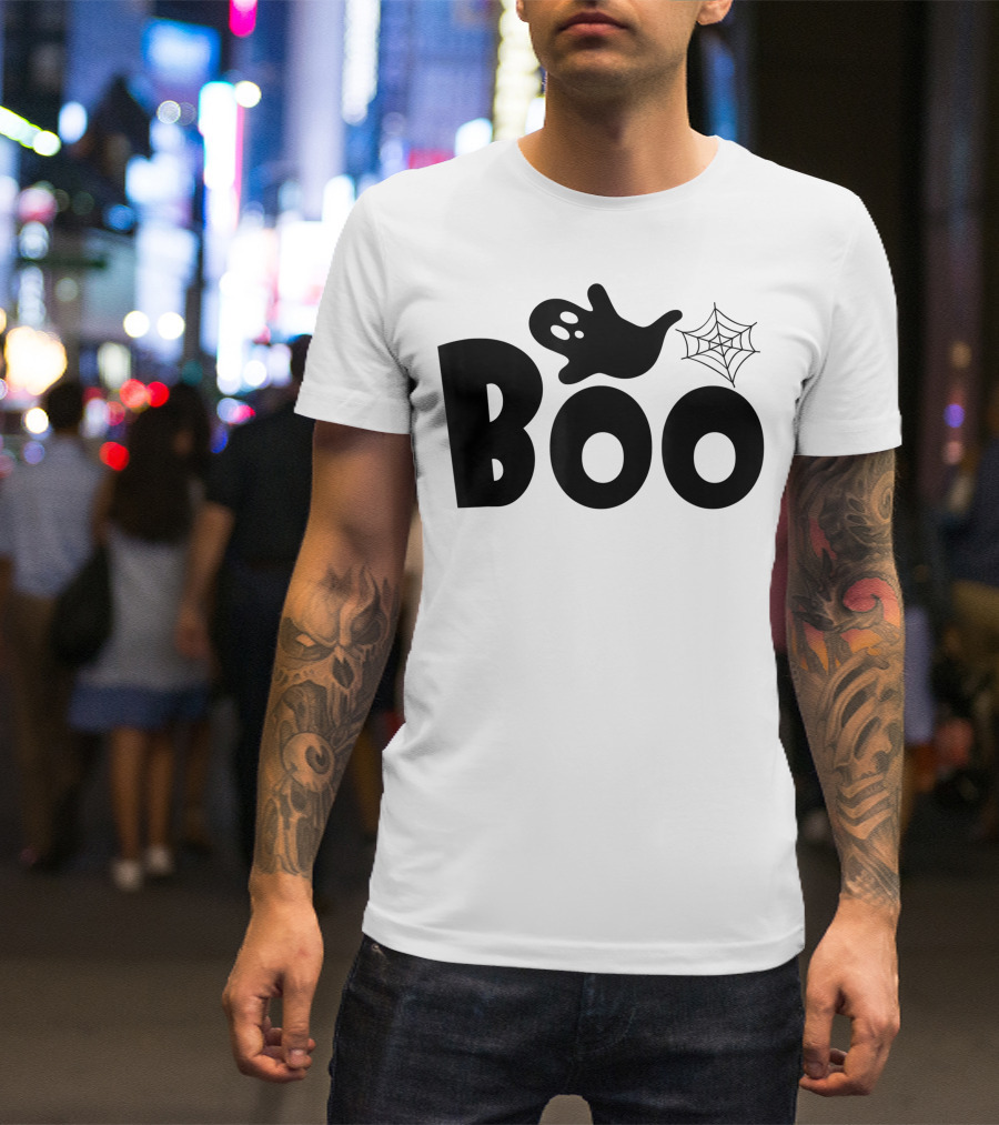 Boo Halloween Funny Gift Ghost With Spider Web T-Shirt