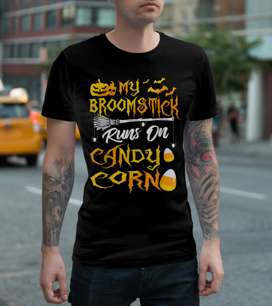 Halloween Pumpkin My Broomstick Runs On Candy Corn with Bat and Spider Elements T-Shirt
