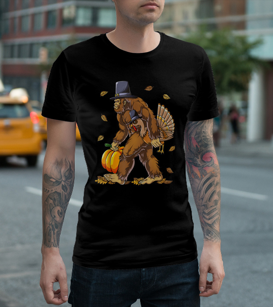 Pilgrim Bigfoot Carrying Turkey and Pumpkin Thanksgiving Day Boys Men T-Shirt