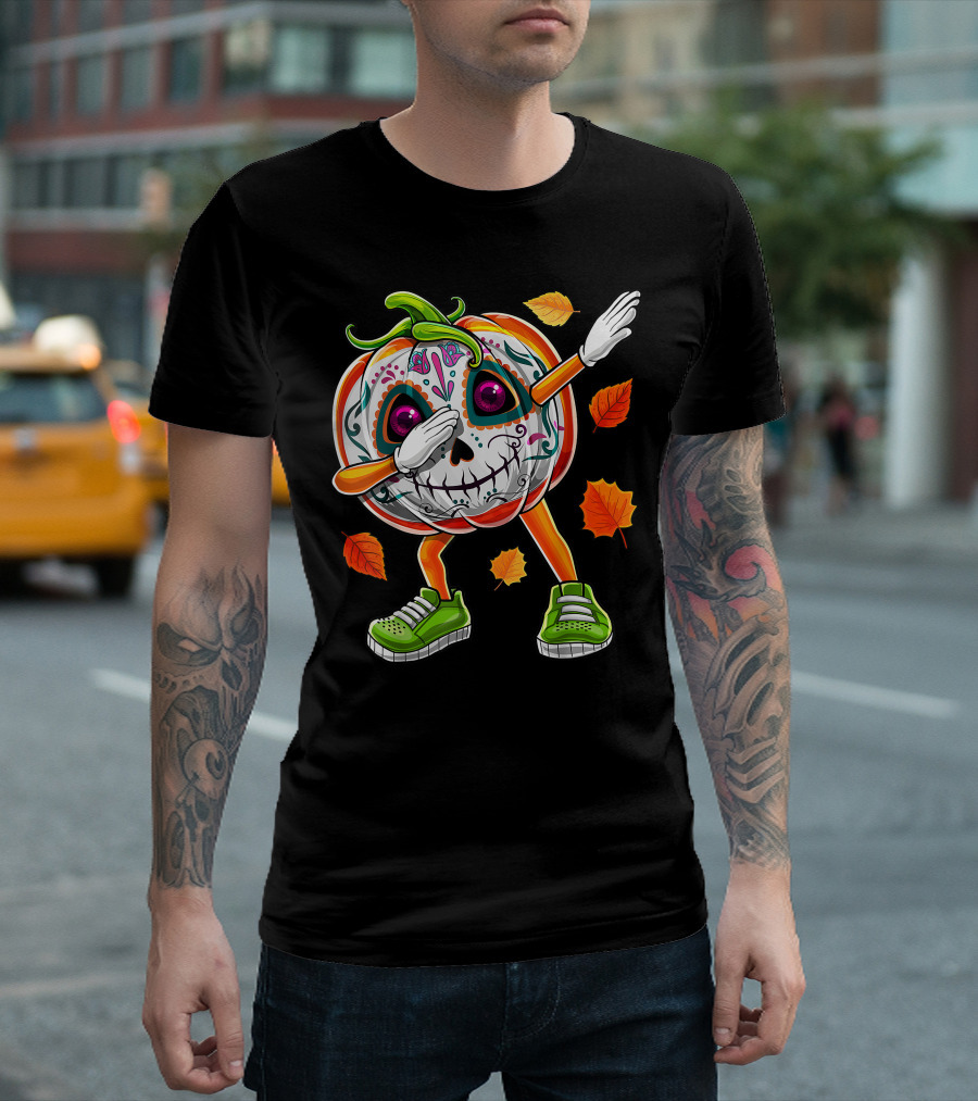 Dabbing Halloween Pumpkin Jack O Lantern Day Of The Dead Skull Leaves T-Shirt
