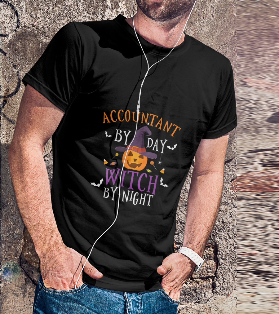 Accountant By Day Witch By Night Funny Pumpkin Halloween Bat Candy Hat T-Shirt