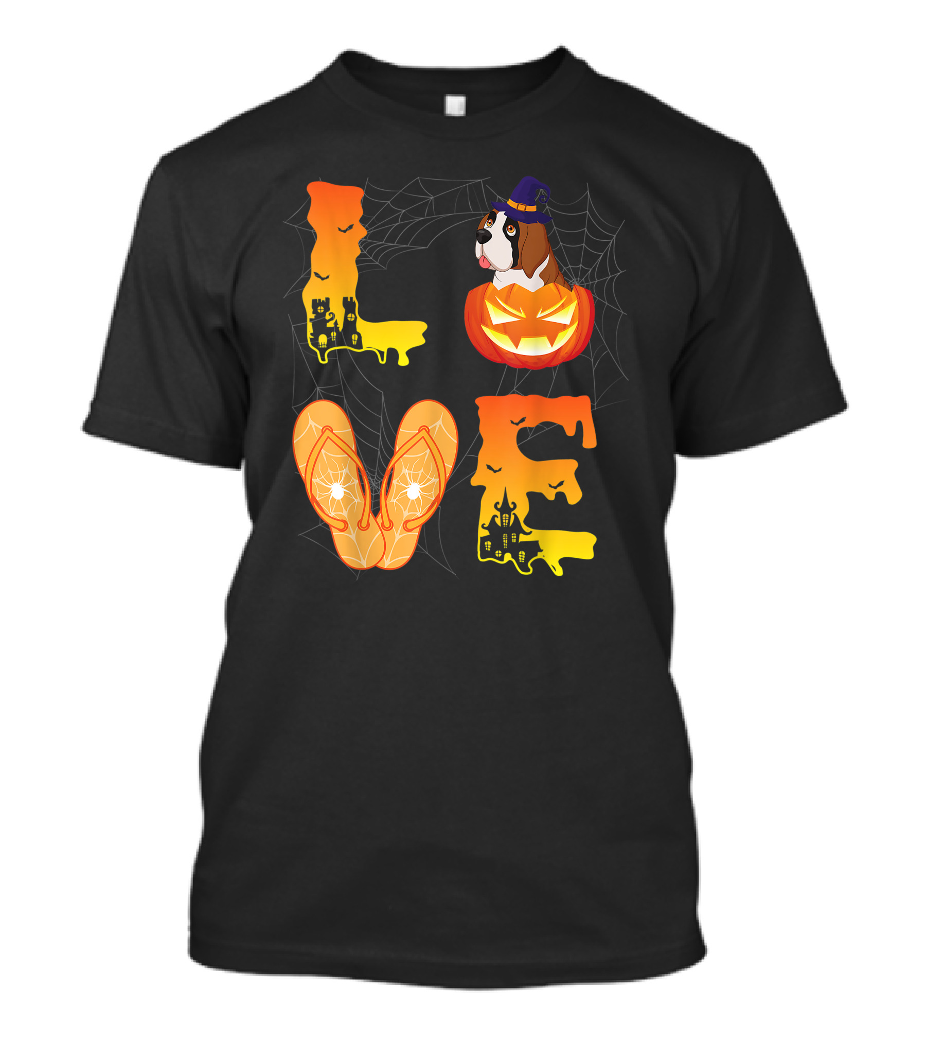 Love Halloween Dog Pumpkin Spider Web Flip Flop Bat Moon Saint Bernard T-Shirt