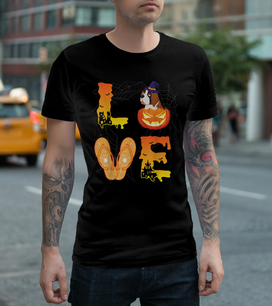 Love Halloween Dog Pumpkin Spider Web Flip Flop Bat Moon Saint Bernard T-Shirt