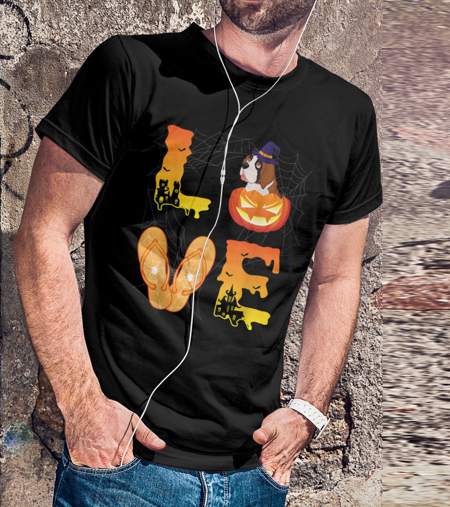 Love Halloween Dog Pumpkin Spider Web Flip Flop Bat Moon Saint Bernard T-Shirt