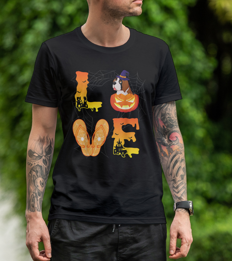 Love Halloween Dog Pumpkin Spider Web Flip Flop Bat Moon Saint Bernard T-Shirt