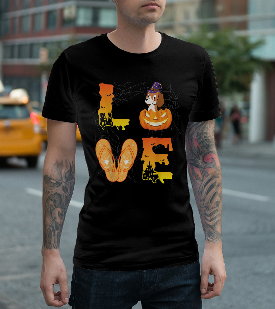Moon Bat Pumpkin Beagle Love Halloween Flip Flop Day T-Shirt