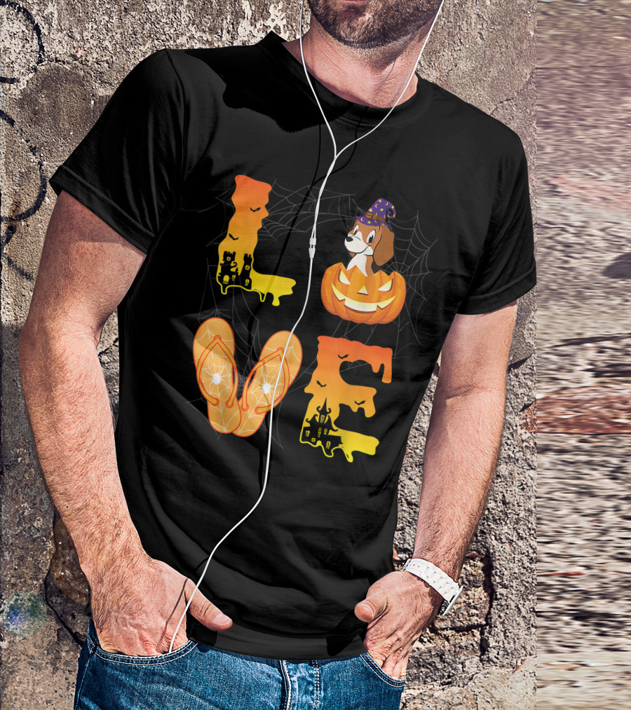 Moon Bat Pumpkin Beagle Love Halloween Flip Flop Day T-Shirt