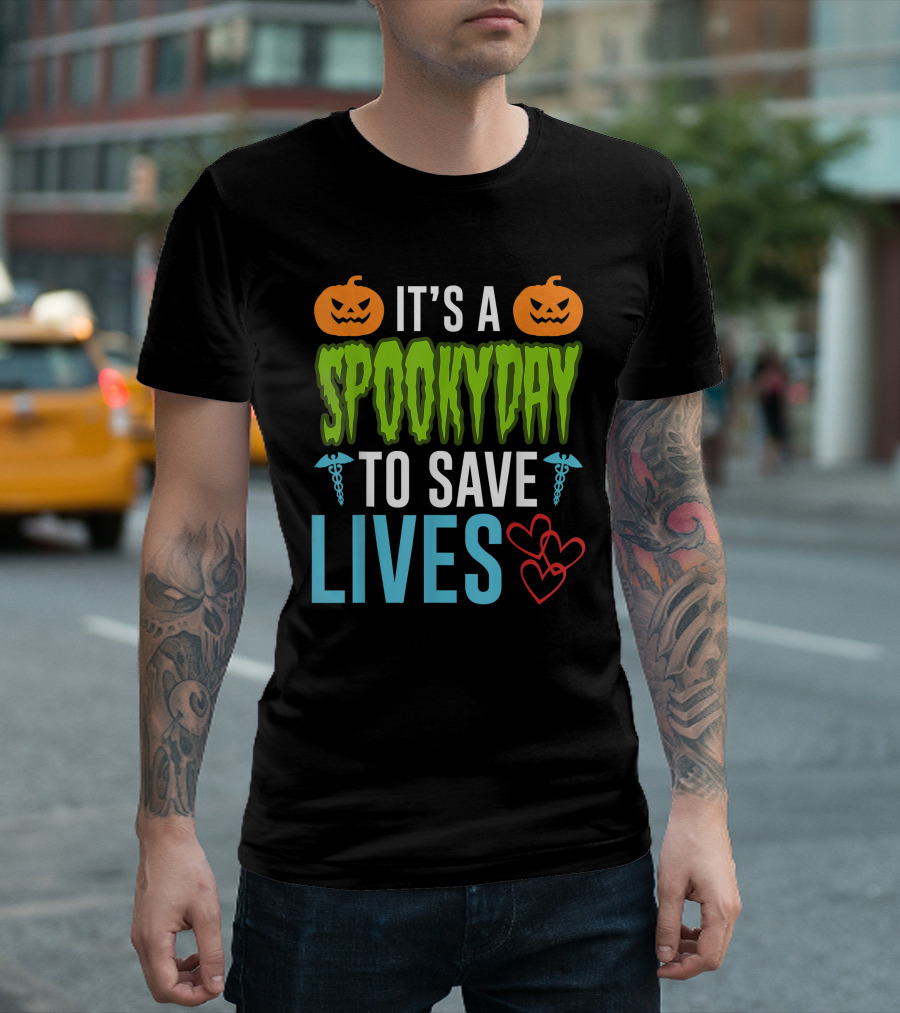 It's A Spooky Day To Save Lives Halloween Nurse Pumpkins Hearts T-Shirt