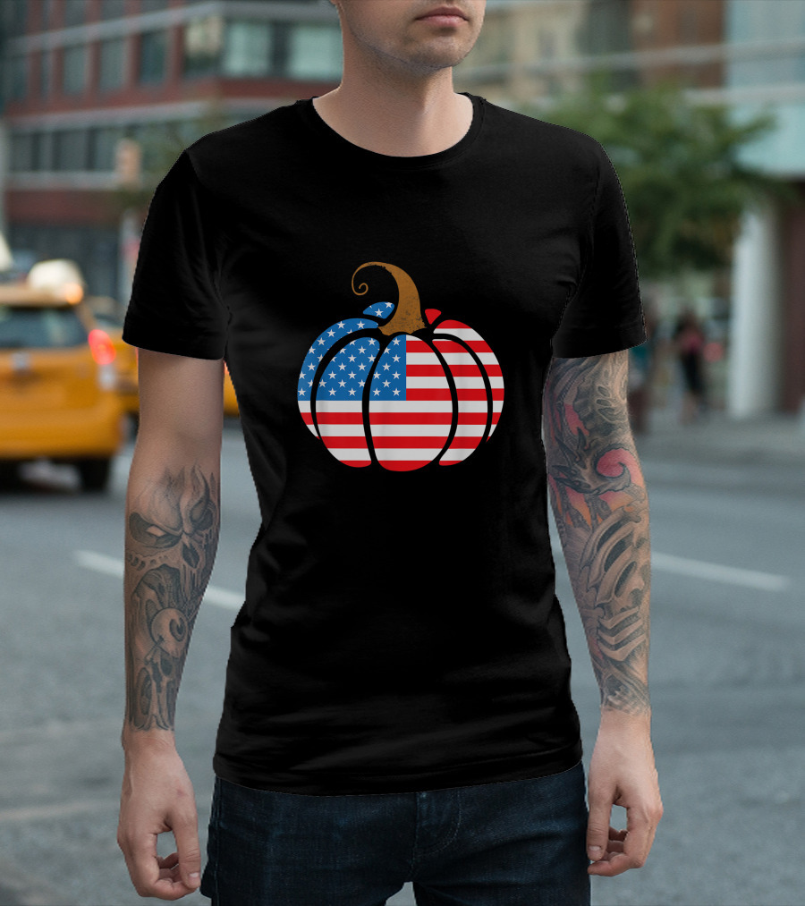Pumpkin American Flag Patriot Fall Autumn Halloween Day T-Shirt