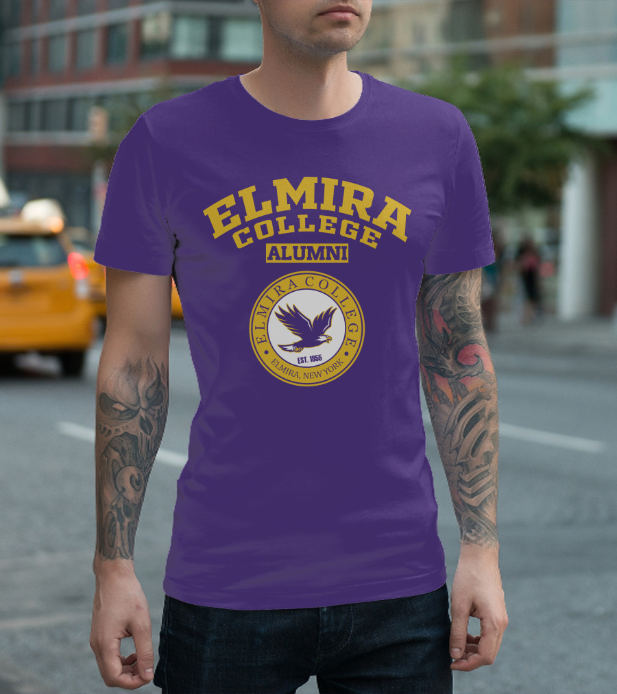Elmira College Alumni Est. 1855 Purple and Gold Logo with Eagle Emblem T-Shirt