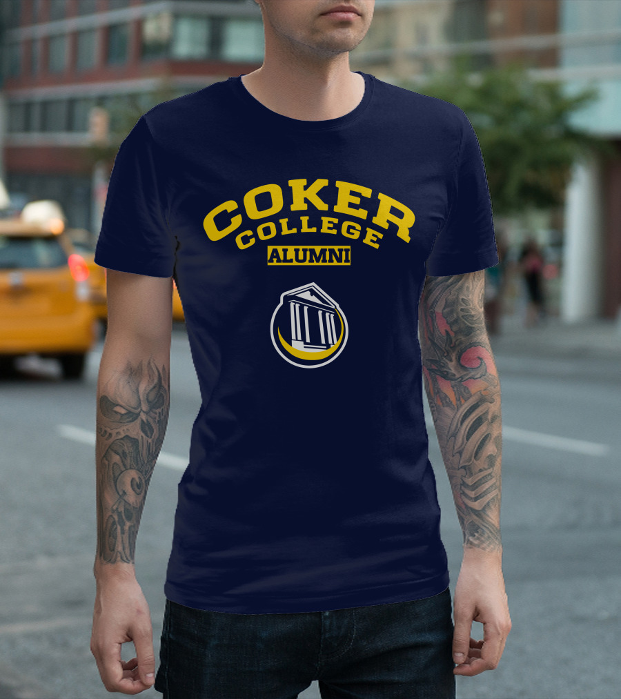 Coker College Alumni Yellow And Navy Blue Text With Greek Temple T-Shirt