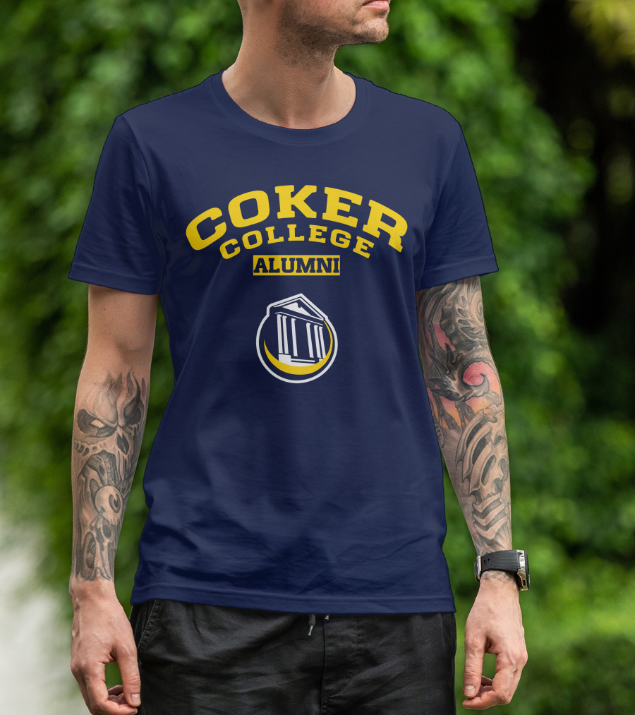 Coker College Alumni Yellow And Navy Blue Text With Greek Temple T-Shirt