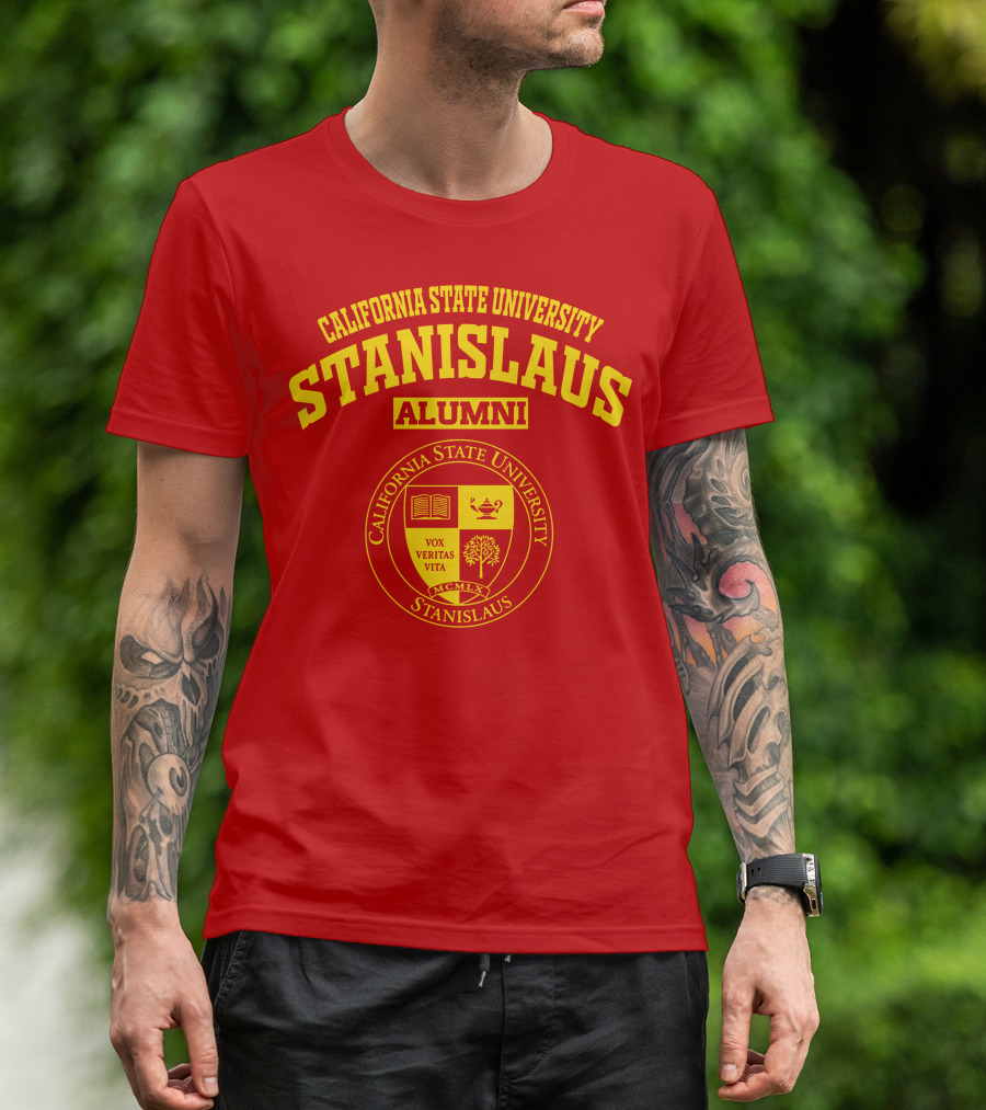 California State University Stanislaus Alumni Emblem With Vox Veritas Vita Shield T-Shirt
