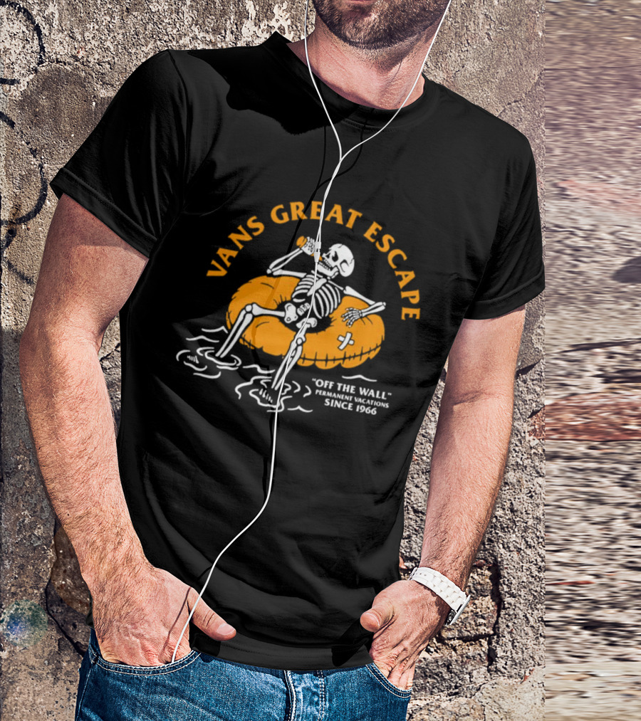 Vans Great Escape Off The Wall Permanent Vacations Since 1966 Skeleton On Inflatable Tube T-Shirt