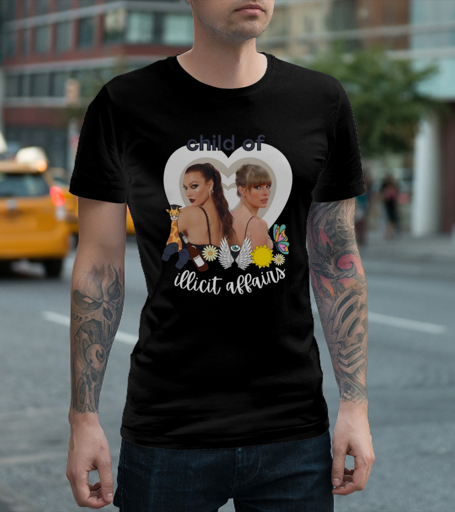 Child of Illicit Affairs Heart Frame Butterfly Wings Flowers Giraffe and Wine Bottle T-Shirt