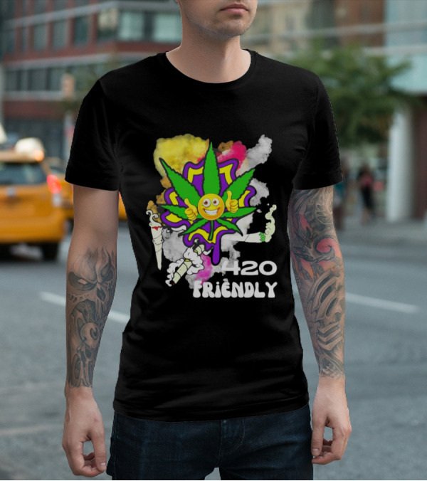 420 Friendly Happy Stoner Leaf With Smiley Face And Colorful Smoke T-Shirt