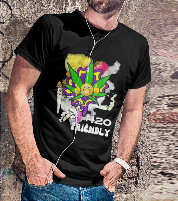420 Friendly Happy Stoner Leaf With Smiley Face And Colorful Smoke T-Shirt