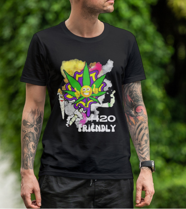 420 Friendly Happy Stoner Leaf With Smiley Face And Colorful Smoke T-Shirt