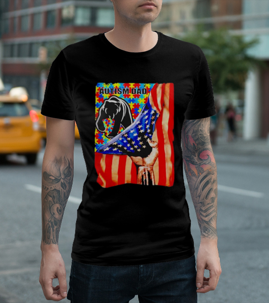 Autism Dad Bear USA Flag Puzzle Awareness T-Shirt